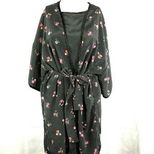 Val Mode Lingerie Womens Sz m Black 2Pc Floral Top & Robe Kimono Silky *no pants